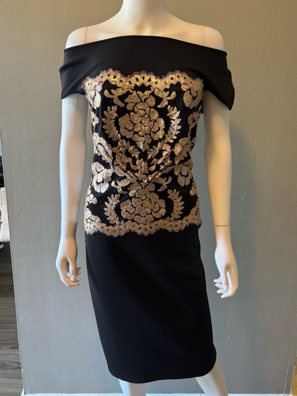 Tadashi Shoji Black On/Off Shoulder Dress with Gold Floral Appliqué
